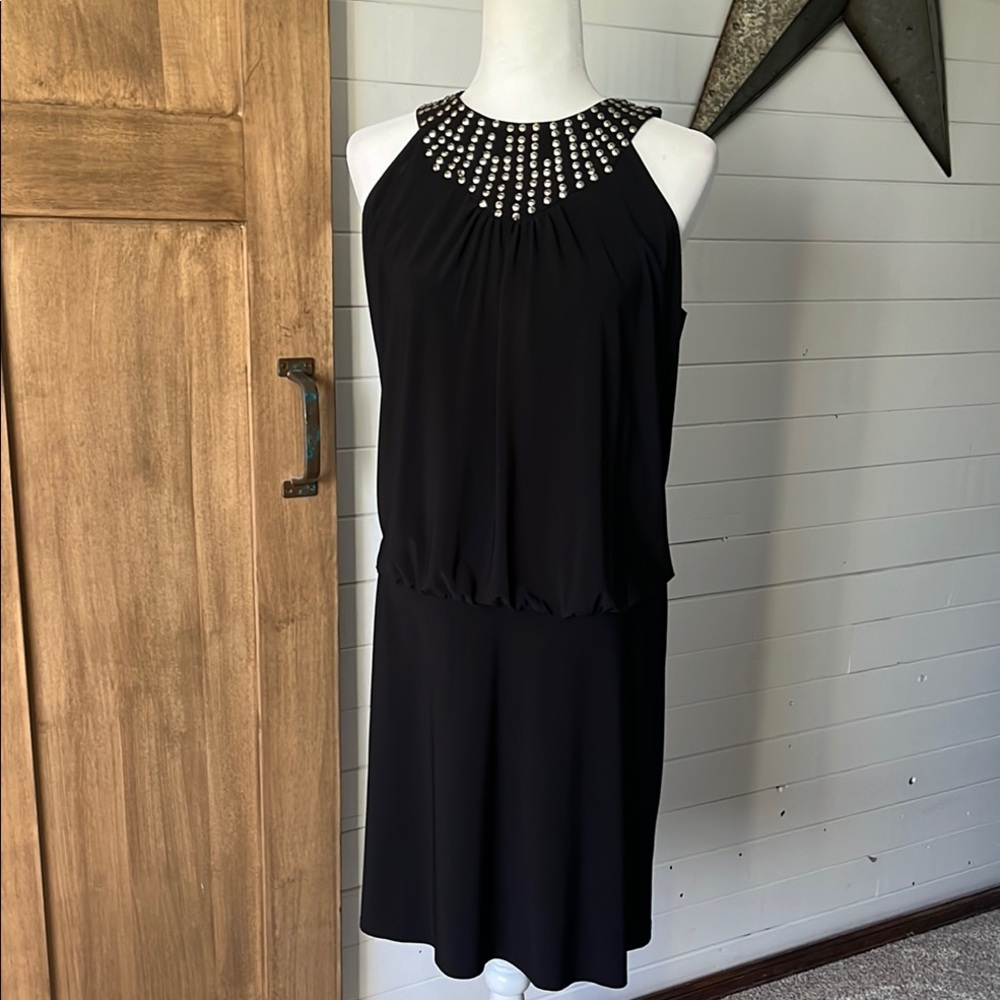 Black Embellished Halter Knee-Length Dress